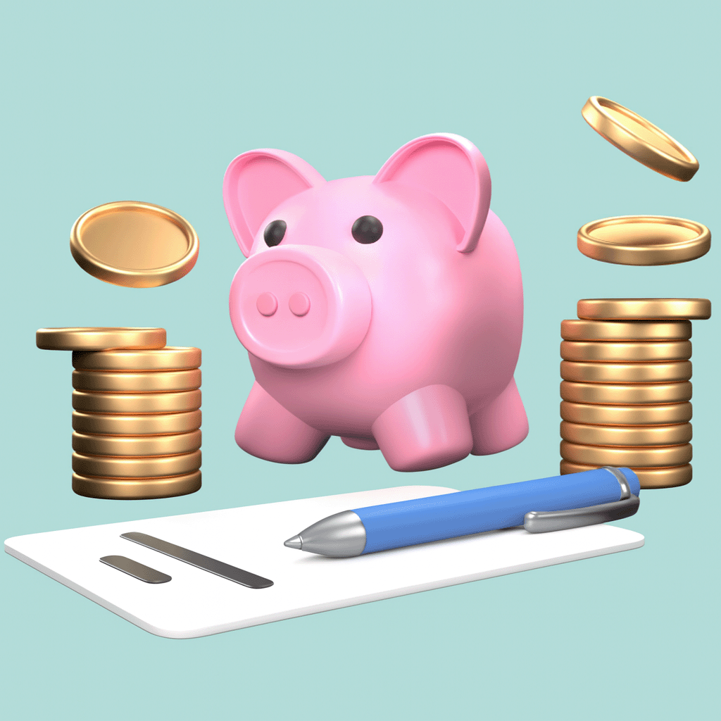 Image of piggy bank surrounded by stacks of gold coins, pen and paper